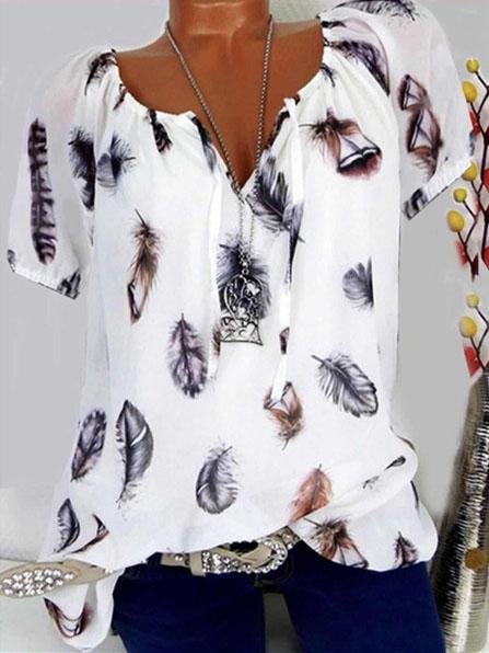 Casual V-neck Feather Print Short-sleeved Shirt - Blouses - INS | Online Fashion Free Shipping Clothing, Dresses, Tops, Shoes - 10-20 - 20/07/2021 - BLO2107201207