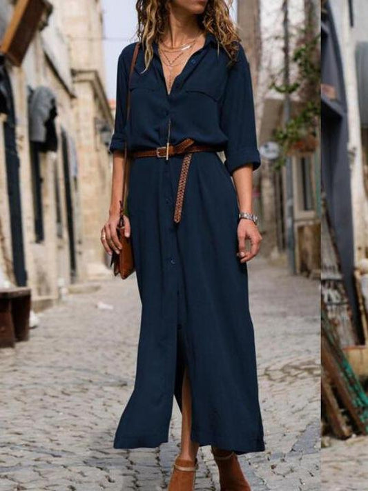 Casual V-neck Long-sleeved Button Shirt Dress - Maxi Dresses - INS | Online Fashion Free Shipping Clothing, Dresses, Tops, Shoes - 01/06/2021 - Color_Black - Color_Blue