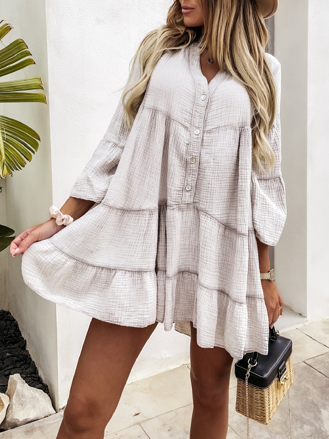 Casual V-neck Long-sleeved Ruffle Dress - Mini Dresses - INS | Online Fashion Free Shipping Clothing, Dresses, Tops, Shoes - 16/06/2021 - 30-40 - color-apricot