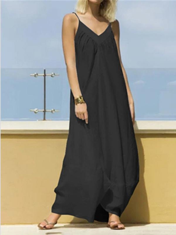 Casual V-neck Strap Solid A-line Big Swing Dress - Maxi Dresses - INS | Online Fashion Free Shipping Clothing, Dresses, Tops, Shoes - 19/07/2021 - 20-30 - color-black