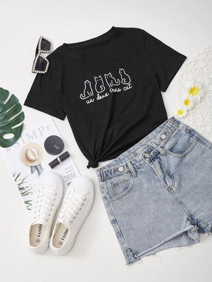 Cat and Slogan Graphic Tee - T-shirts - INS | Online Fashion Free Shipping Clothing, Dresses, Tops, Shoes - 20/02/2021 - Black - Causel