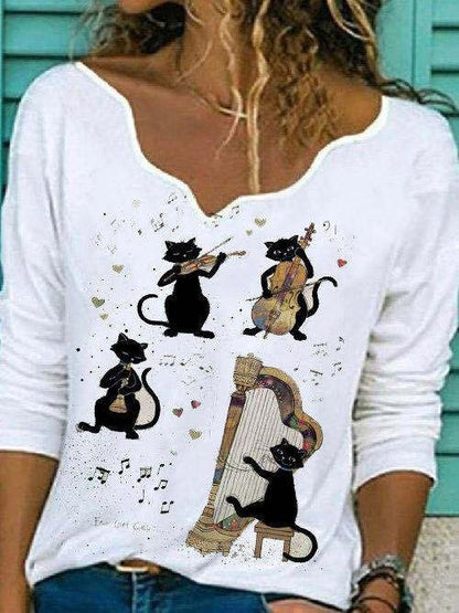 Cat Musical Instrument Print Long Sleeve Casual T-shirt - T-Shirts - INS | Online Fashion Free Shipping Clothing, Dresses, Tops, Shoes - 10-20 - 22/07/2021 - Category_T-Shirts