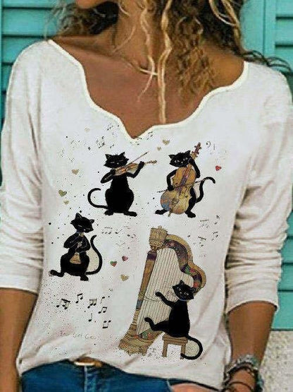 Cat Musical Instrument Print Long Sleeve Casual T-shirt - T-Shirts - INS | Online Fashion Free Shipping Clothing, Dresses, Tops, Shoes - 10-20 - 22/07/2021 - Category_T-Shirts