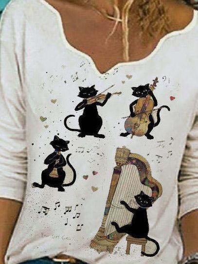 Cat Musical Instrument Print Long Sleeve Casual T-shirt - T-Shirts - INS | Online Fashion Free Shipping Clothing, Dresses, Tops, Shoes - 10-20 - 22/07/2021 - Category_T-Shirts