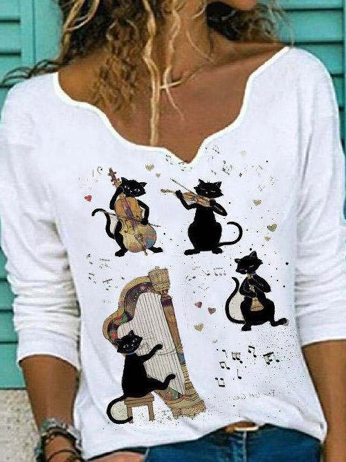 Cat Musical Instrument Print Long Sleeve Casual T-shirt - T-Shirts - INS | Online Fashion Free Shipping Clothing, Dresses, Tops, Shoes - 10-20 - 22/07/2021 - Category_T-Shirts