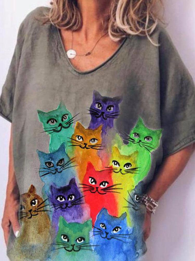 Cat Print Casual Loose V-neck Short Sleeve T-shirt - T-Shirts - INS | Online Fashion Free Shipping Clothing, Dresses, Tops, Shoes - 03/06/2021 - Category_T-Shirts - Color_Gray