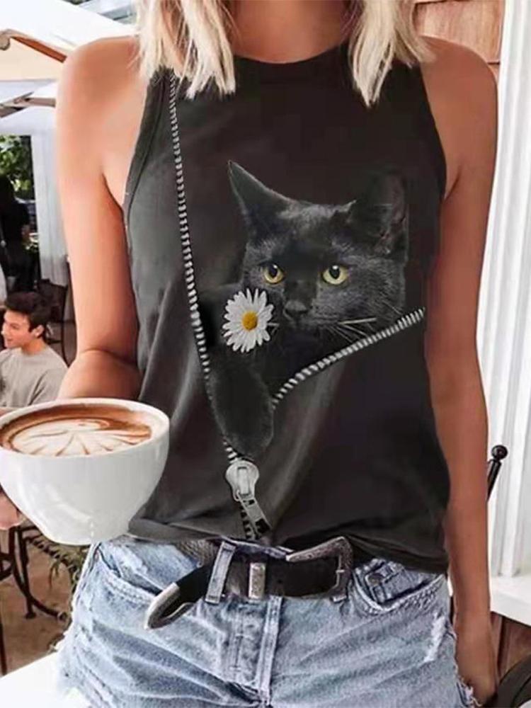 Cat Print Casual Round Neck Sleeveless Tank Top - Tank Tops - INS | Online Fashion Free Shipping Clothing, Dresses, Tops, Shoes - 10-20 - 30/06/2021 - Category_Tank Tops