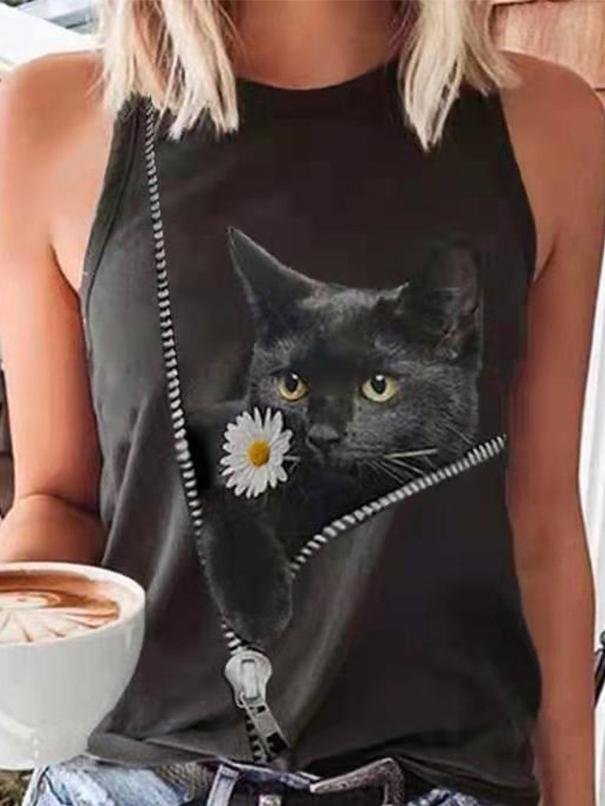 Cat Print Casual Round Neck Sleeveless Tank Top - Tank Tops - INS | Online Fashion Free Shipping Clothing, Dresses, Tops, Shoes - 10-20 - 30/06/2021 - Category_Tank Tops