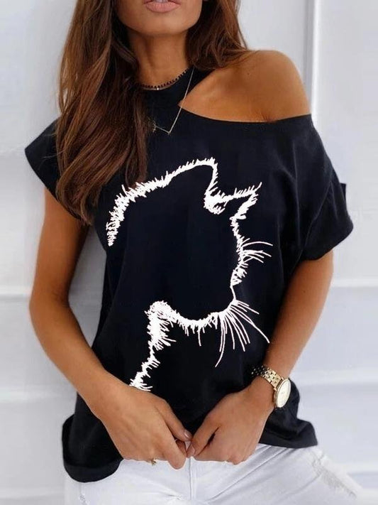 Cat Print Off The Shoulder Casual T-shirt - T-Shirts - INS | Online Fashion Free Shipping Clothing, Dresses, Tops, Shoes - 24/05/2021 - Category_T-Shirts - Color_Black