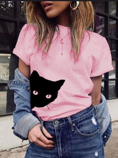 Cat Print Round Neck Slim Short Sleeve T-Shirt - T-Shirts - INS | Online Fashion Free Shipping Clothing, Dresses, Tops, Shoes - 19/07/2021 - Category_T-Shirts - color-black