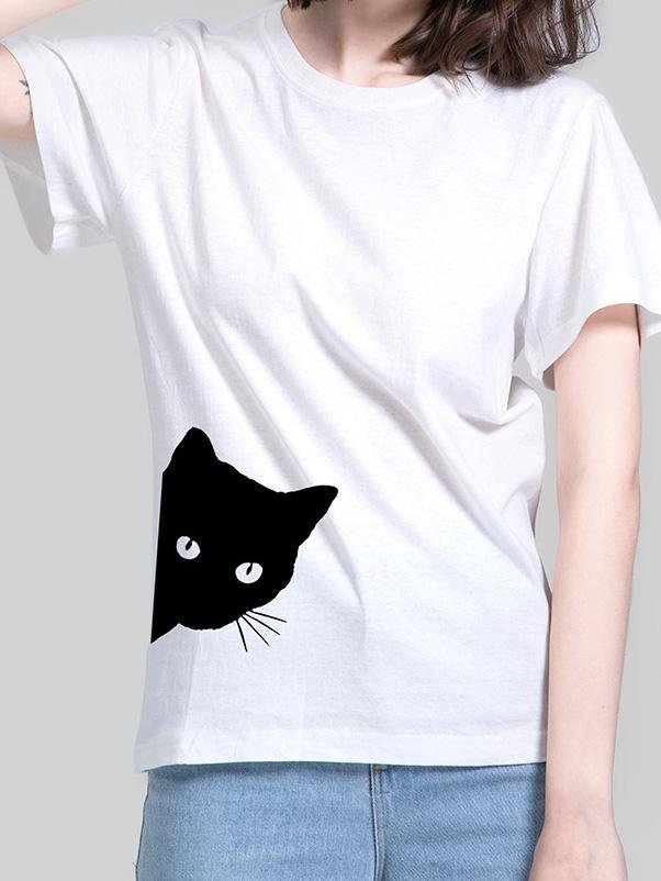 Cat Print Round Neck Slim Short Sleeve T-Shirt - T-Shirts - INS | Online Fashion Free Shipping Clothing, Dresses, Tops, Shoes - 19/07/2021 - Category_T-Shirts - color-black
