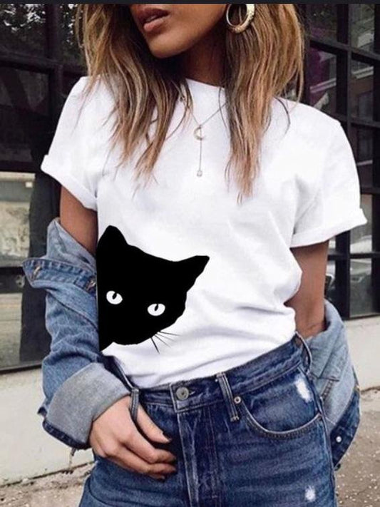 Cat Print Round Neck Slim Short Sleeve T-Shirt - T-Shirts - INS | Online Fashion Free Shipping Clothing, Dresses, Tops, Shoes - 19/07/2021 - Category_T-Shirts - color-black