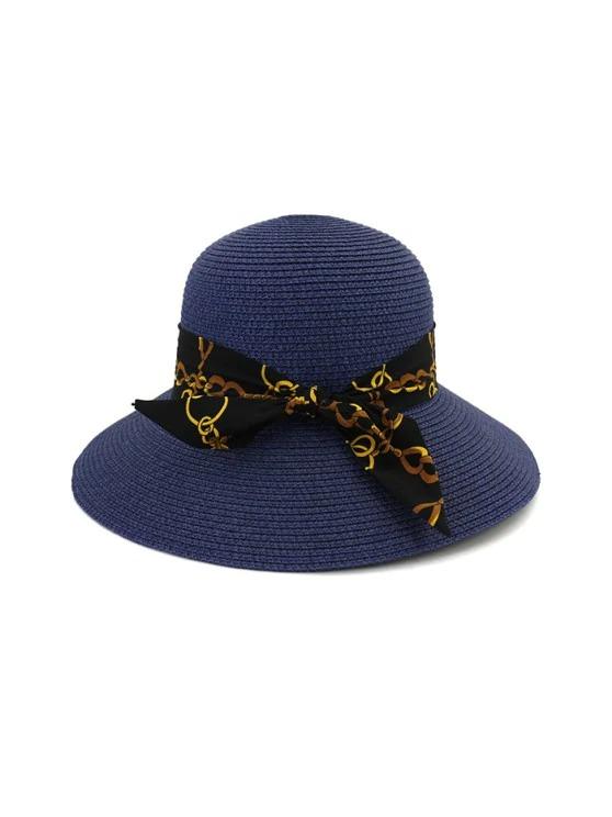 Chain Print Bowknot Wide Brim Straw Hat - LuckyFash™