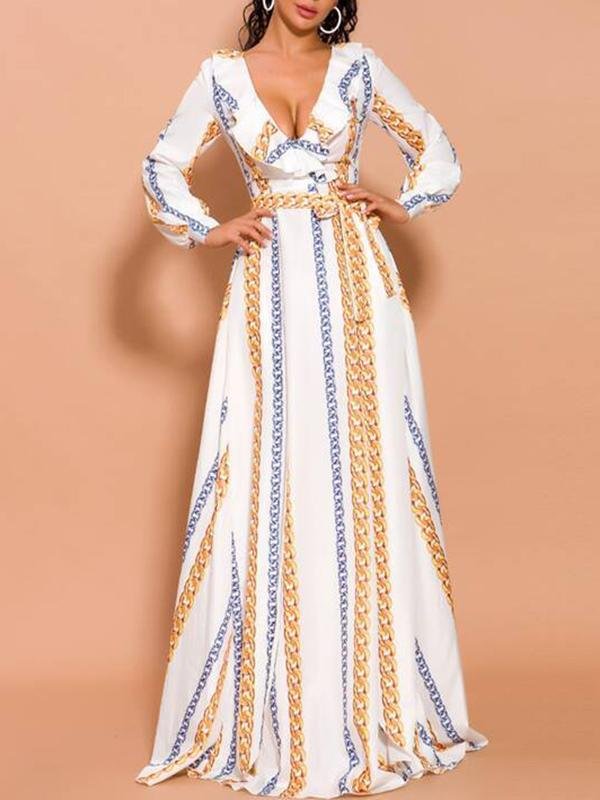 Chain Print Split Thigh Plunge Neck Ruffle Prom Dress - Dresses - INS | Online Fashion Free Shipping Clothing, Dresses, Tops, Shoes - 01/29/2021 - Autumn - chiffon-dress