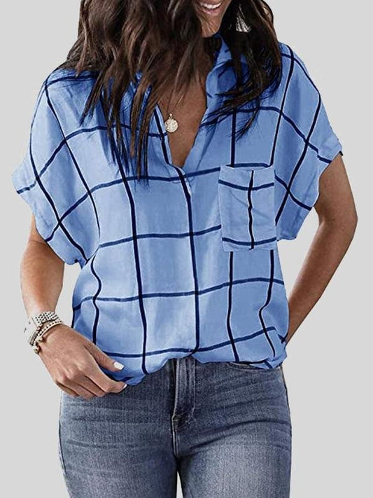 Check Print Pocket V-Neck Short Sleeve Blouses - Blouses - INS | Online Fashion Free Shipping Clothing, Dresses, Tops, Shoes - 10-20 - 19/06/2021 - BLO2106190130