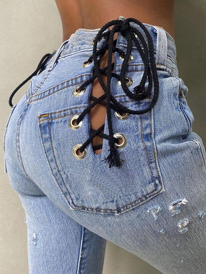 Chic High-waisted Cutout Straight-leg Jeans - Jeans - INS | Online Fashion Free Shipping Clothing, Dresses, Tops, Shoes - 12/05/2021 - 120521 - Color_Blue