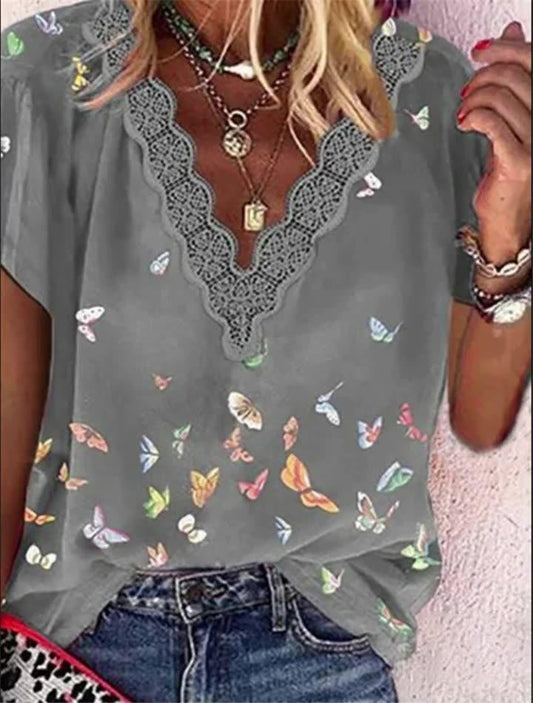 Chiffon V-Neck Printed Short Sleeve T-Shirts - T-Shirts - INS | Online Fashion Free Shipping Clothing, Dresses, Tops, Shoes - 08/07/2021 - 20-30 - Category_T-Shirts