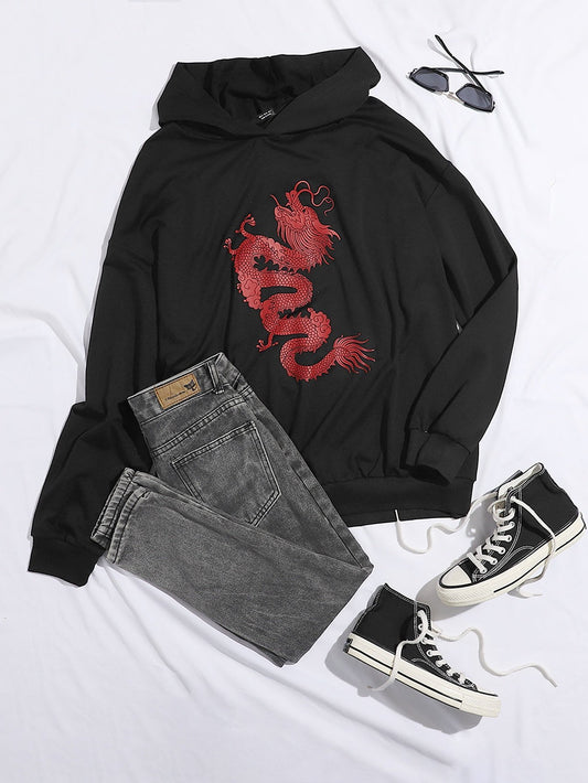 Chinese Dragon Graphic Longline Oversized Hoodie - INS | Online Fashion Free Shipping Clothing, Dresses, Tops, Shoes
