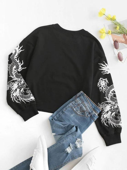 Chinese Dragon Graphic Raw Cut Hem Casual Sweatshirt - INS | Online Fashion Free Shipping Clothing, Dresses, Tops, Shoes
