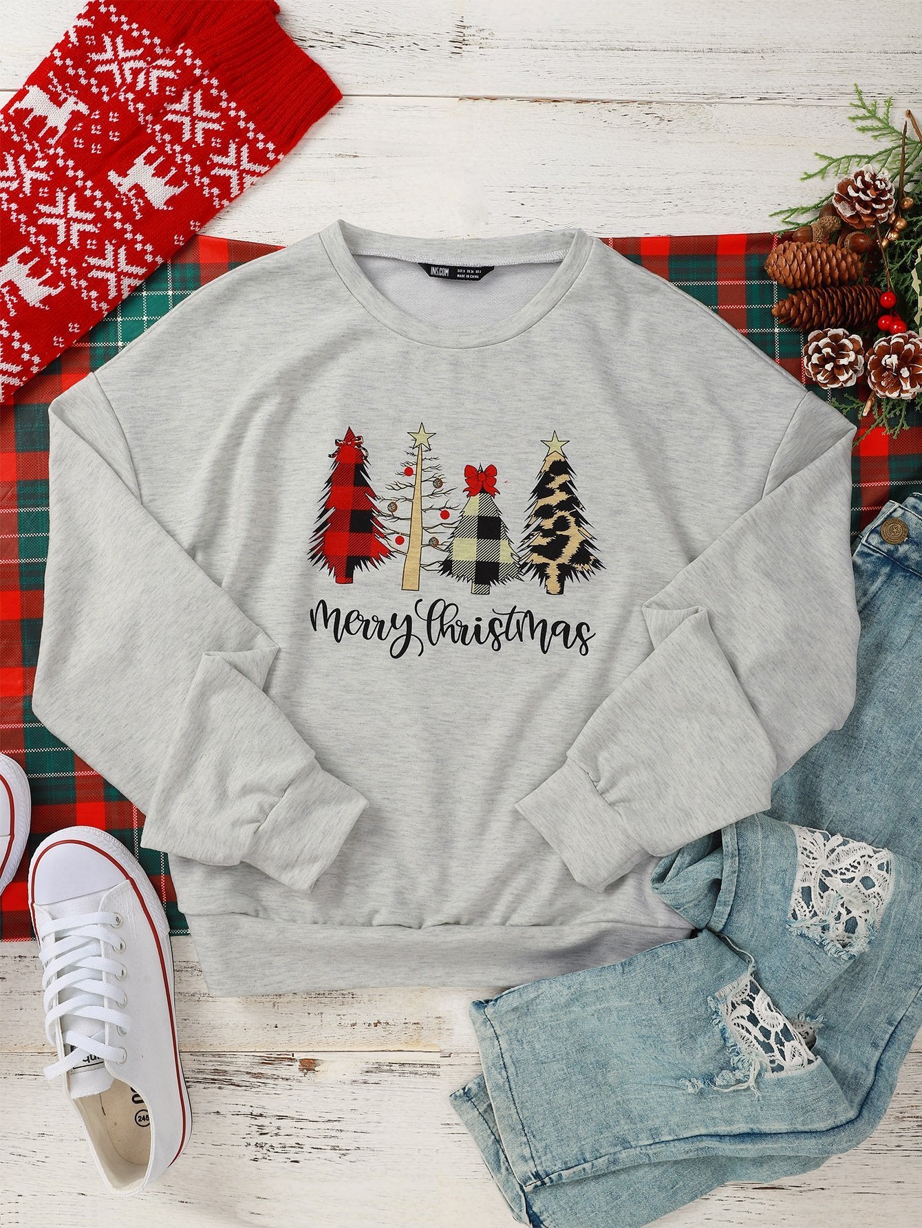 Christmas Slogan And Tree Print Drop Shoulder Sweatshirt - INS | Online Fashion Free Shipping Clothing, Dresses, Tops, Shoes