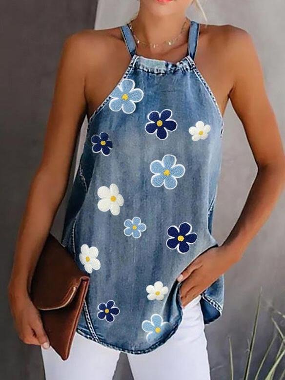Chrysanthemum Print Sleeveless Tank Top - Tank Tops - INS | Online Fashion Free Shipping Clothing, Dresses, Tops, Shoes - 07/06/2021 - Category_Tank Tops - Color_Blue