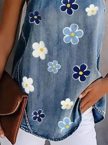 Chrysanthemum Print Sleeveless Tank Top - Tank Tops - INS | Online Fashion Free Shipping Clothing, Dresses, Tops, Shoes - 07/06/2021 - Category_Tank Tops - Color_Blue