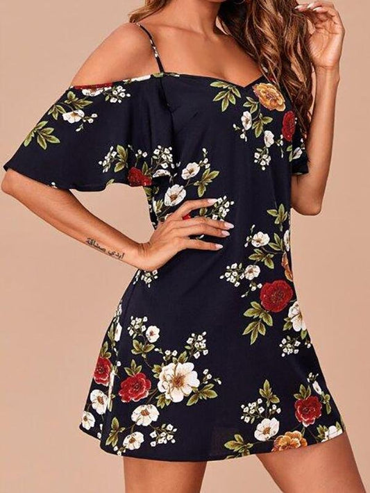 Cold Shoulder Floral Dress - Dresses - INS | Online Fashion Free Shipping Clothing, Dresses, Tops, Shoes - 01/29/2021 - Beach - Blue