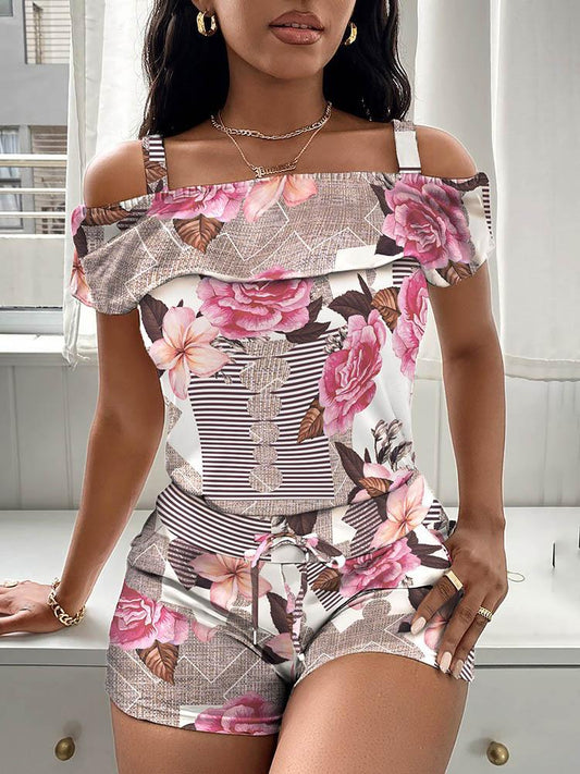 Cold Shoulder Floral Print Top & Drawstring Shorts Set - Two-piece Outfits - INS | Online Fashion Free Shipping Clothing, Dresses, Tops, Shoes - 05/05/2021 - Color_Multicolor - SET210505039