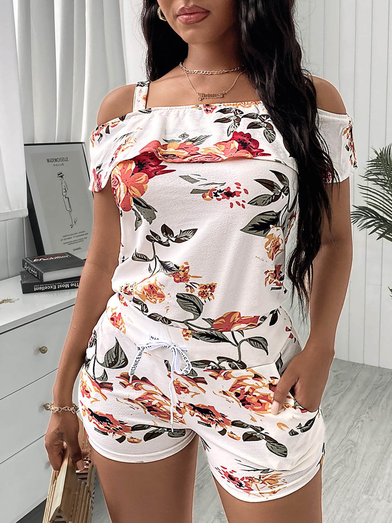 Cold Shoulder Floral Print Top & Drawstring Shorts Set - Two-piece Outfits - INS | Online Fashion Free Shipping Clothing, Dresses, Tops, Shoes - 04/05/2021 - Color_White - SET210504047