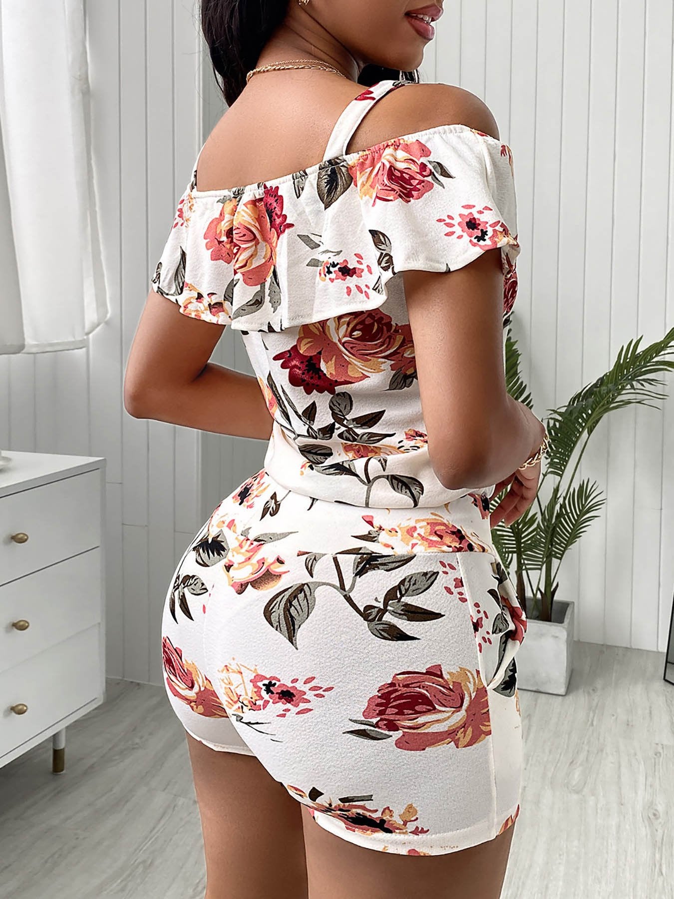 Cold Shoulder Floral Print Top & Drawstring Shorts Set - Two-piece Outfits - INS | Online Fashion Free Shipping Clothing, Dresses, Tops, Shoes - 04/05/2021 - Color_White - SET210504047