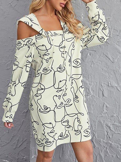 Cold Shoulder Graphic Print Drawstring Hooded Sweatshirt Dress - Dresses - INS | Online Fashion Free Shipping Clothing, Dresses, Tops, Shoes - 02//03/2021 - Autumn - Casual Dresses