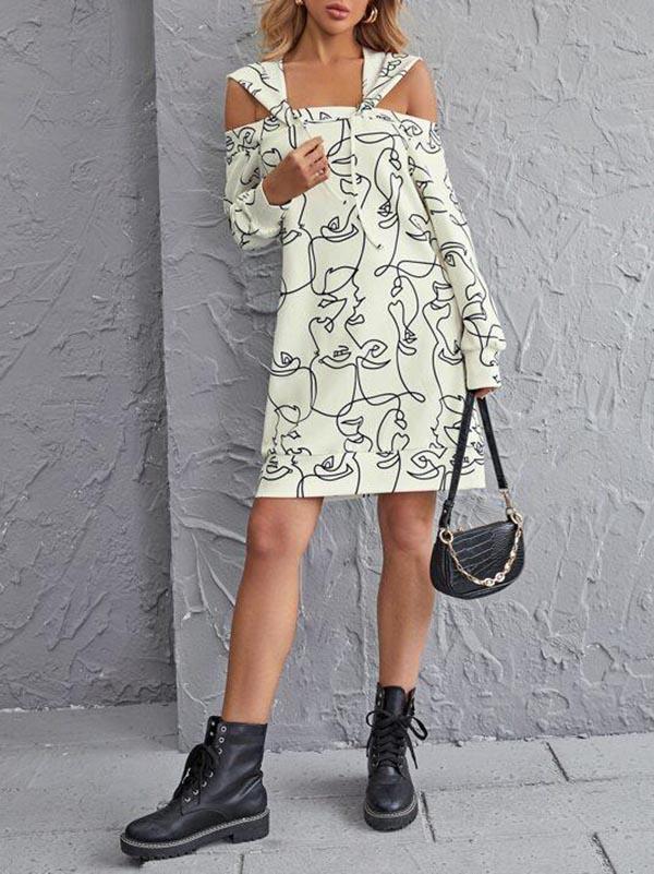 Cold Shoulder Graphic Print Drawstring Hooded Sweatshirt Dress - Dresses - INS | Online Fashion Free Shipping Clothing, Dresses, Tops, Shoes - 02//03/2021 - Autumn - Casual Dresses