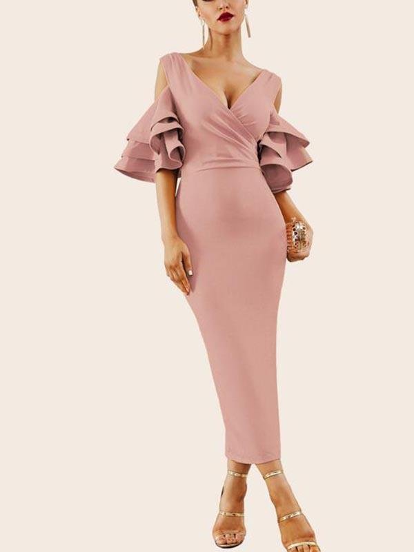 Cold Shoulder Layered Ruffle Sleeve Slit Hem Dress - Dresses - INS | Online Fashion Free Shipping Clothing, Dresses, Tops, Shoes - 02/05/2021 - Bodycon Dresses - Color_Pink