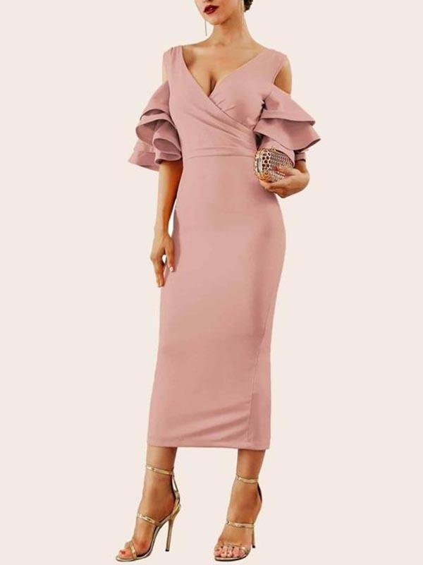 Cold Shoulder Layered Ruffle Sleeve Slit Hem Dress - Dresses - INS | Online Fashion Free Shipping Clothing, Dresses, Tops, Shoes - 02/05/2021 - Bodycon Dresses - Color_Pink