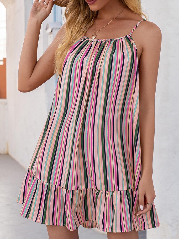 Color Striped Print Ruffle Hem Suspender Dress - Mini Dresses - INS | Online Fashion Free Shipping Clothing, Dresses, Tops, Shoes - 09/04/2021 - Color_Red - Color_Rose Red