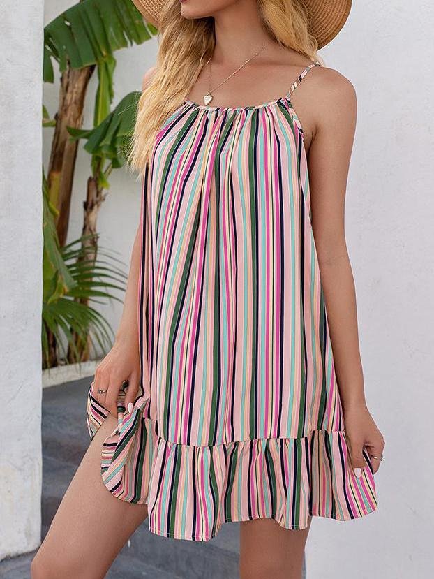 Color Striped Print Ruffle Hem Suspender Dress - Mini Dresses - INS | Online Fashion Free Shipping Clothing, Dresses, Tops, Shoes - 09/04/2021 - Color_Red - Color_Rose Red