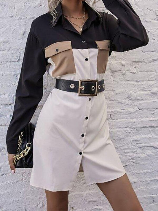 Colorblock Flap Pocket Button Front Shirt Dress Without Belt - Dresses - INS | Online Fashion Free Shipping Clothing, Dresses, Tops, Shoes - 01/30/2021 - Autumn - Casual Dresses