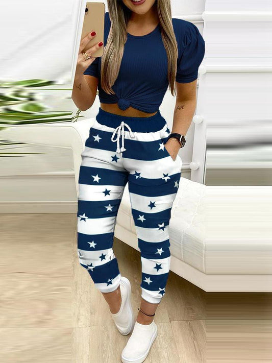 Colorblock Star Print Drawstring Skinny Pants - Pants - INS | Online Fashion Free Shipping Clothing, Dresses, Tops, Shoes - 04/05/2021 - Category_Pants - Color_ Blue