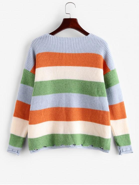Colorblock Striped Roll Trim Slit Ripped Sweater - Sweaters - INS | Online Fashion Free Shipping Clothing, Dresses, Tops, Shoes - 02/07/2021 - Autumn - Casual