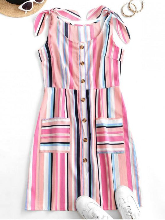 Colorful Striped Button Through Pocket Tied Dress - Dresses - INS | Online Fashion Free Shipping Clothing, Dresses, Tops, Shoes - 02/09/2021 - Casual Dresses - Daily