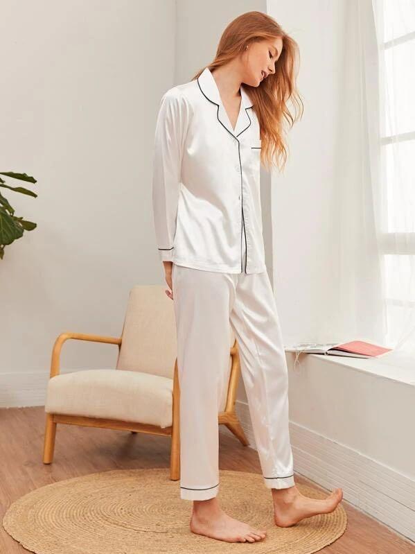 Contrast Binding Pocket Front Pajama Set - Pajamas - INS | Online Fashion Free Shipping Clothing, Dresses, Tops, Shoes - 03/03/2021 - 2XL - Color_White