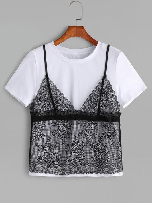 Contrast Floral Lace Cami Overlay T-shirt - INS | Online Fashion Free Shipping Clothing, Dresses, Tops, Shoes