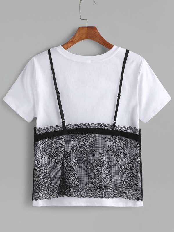 Contrast Floral Lace Cami Overlay T-shirt - INS | Online Fashion Free Shipping Clothing, Dresses, Tops, Shoes