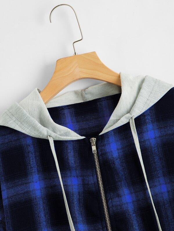 Contrast Hooded Plaid Zip Up Jacket - INS | Online Fashion Free Shipping Clothing, Dresses, Tops, Shoes