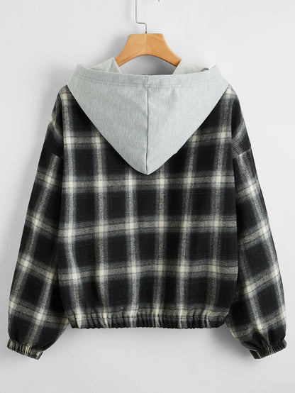 Contrast Hooded Plaid Zip Up Jacket - INS | Online Fashion Free Shipping Clothing, Dresses, Tops, Shoes