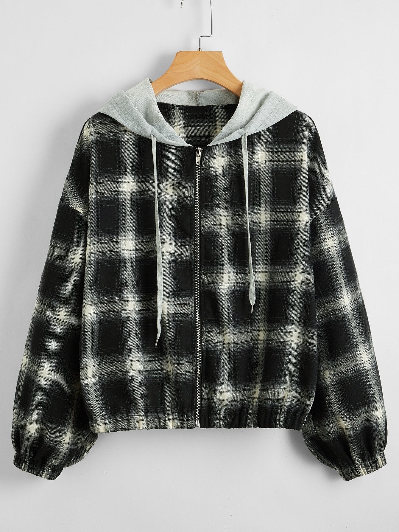 Contrast Hooded Plaid Zip Up Jacket - INS | Online Fashion Free Shipping Clothing, Dresses, Tops, Shoes