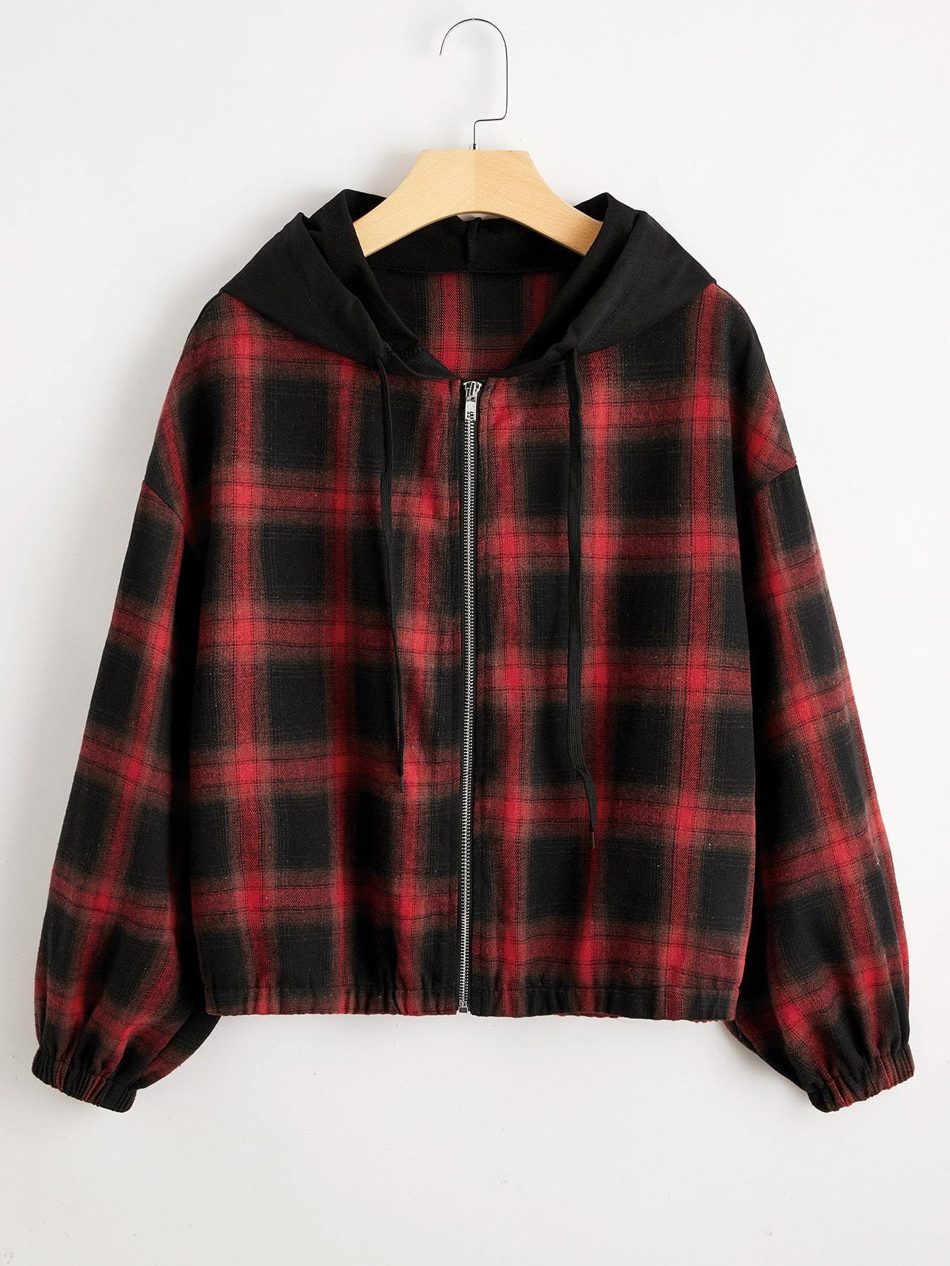 Contrast Hooded Plaid Zip Up Jacket - INS | Online Fashion Free Shipping Clothing, Dresses, Tops, Shoes