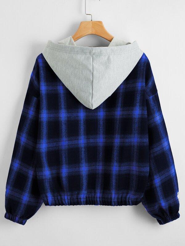 Contrast Hooded Plaid Zip Up Jacket - INS | Online Fashion Free Shipping Clothing, Dresses, Tops, Shoes