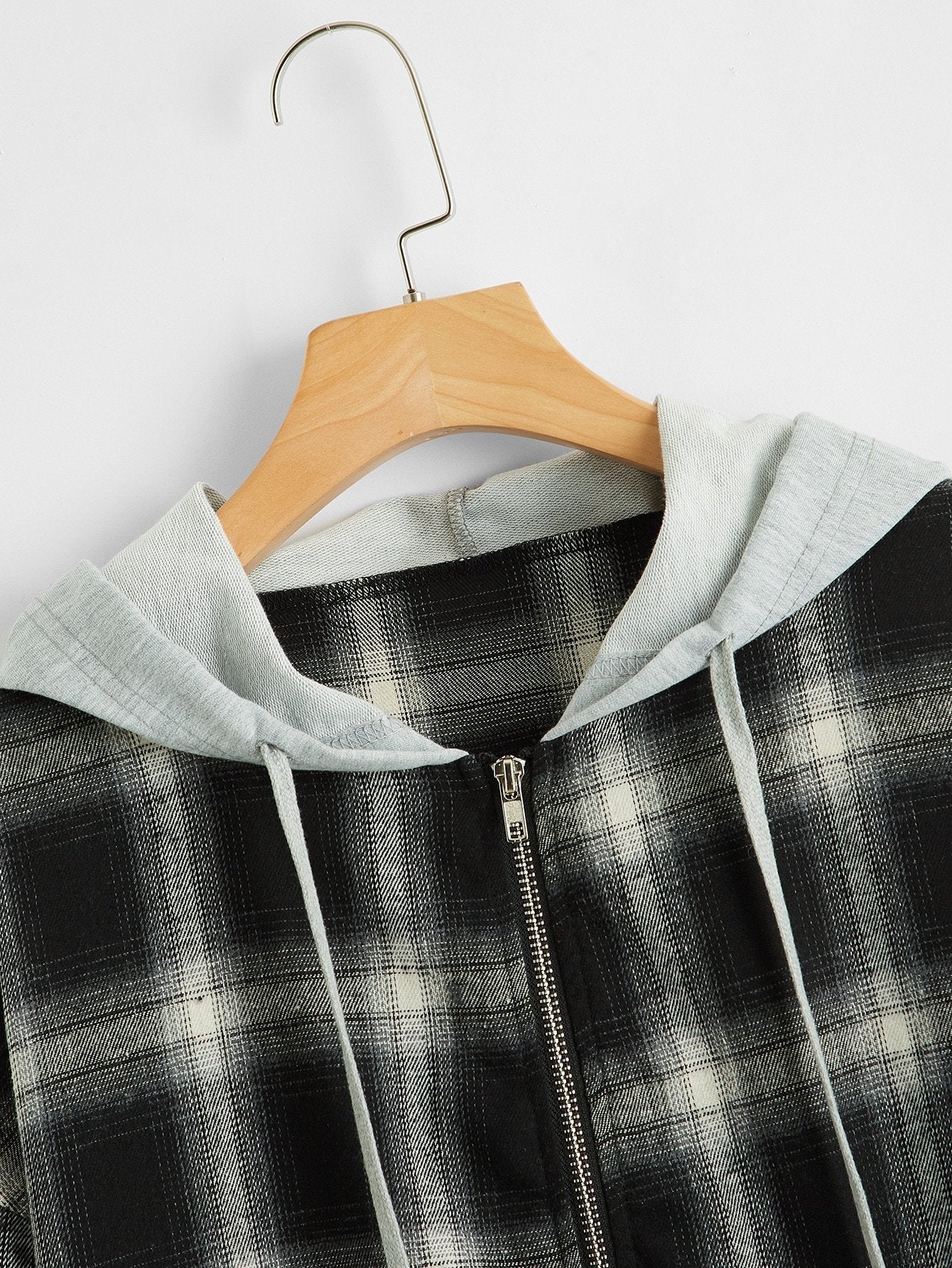 Contrast Hooded Plaid Zip Up Jacket - INS | Online Fashion Free Shipping Clothing, Dresses, Tops, Shoes