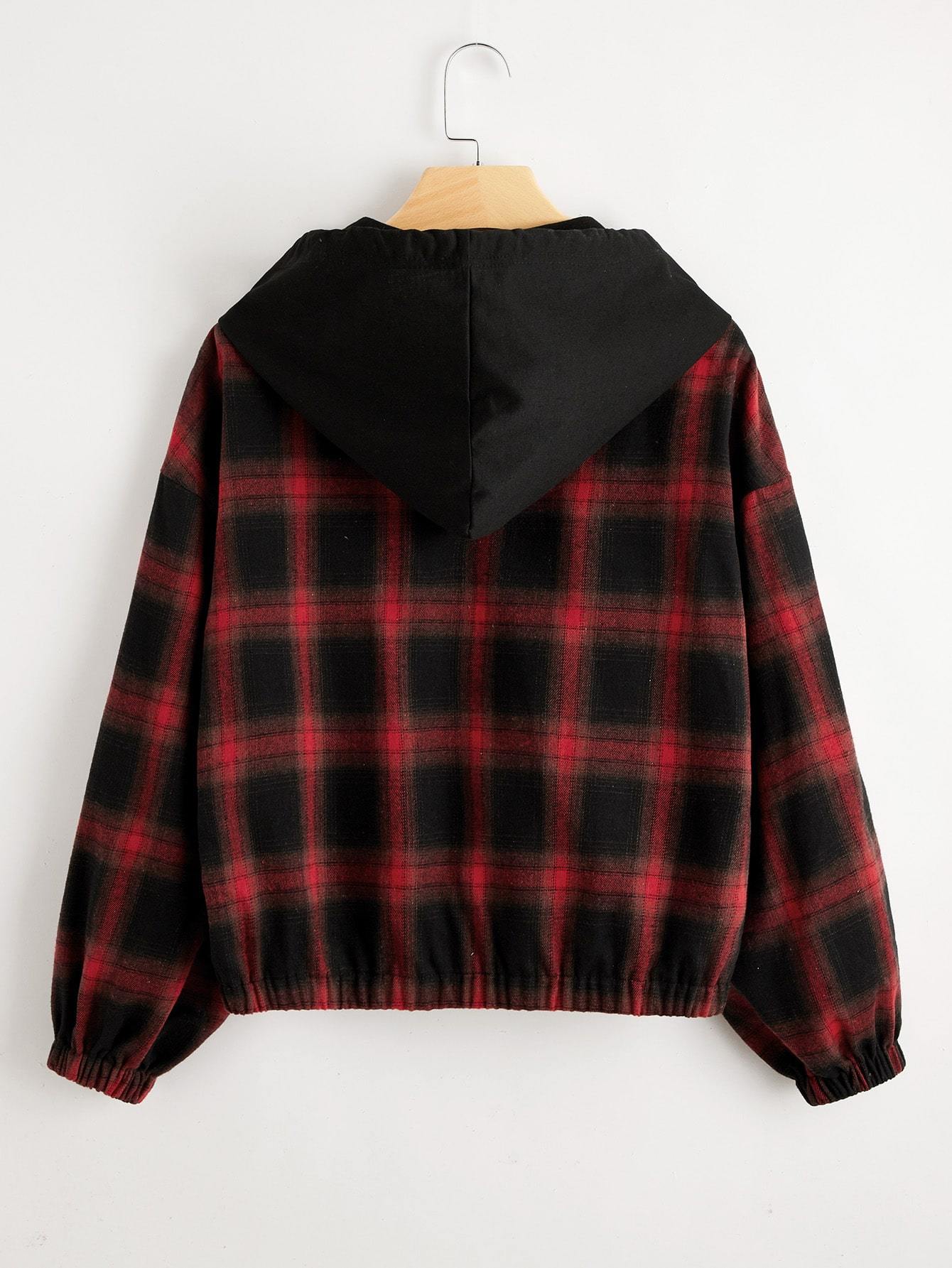 Contrast Hooded Plaid Zip Up Jacket - INS | Online Fashion Free Shipping Clothing, Dresses, Tops, Shoes